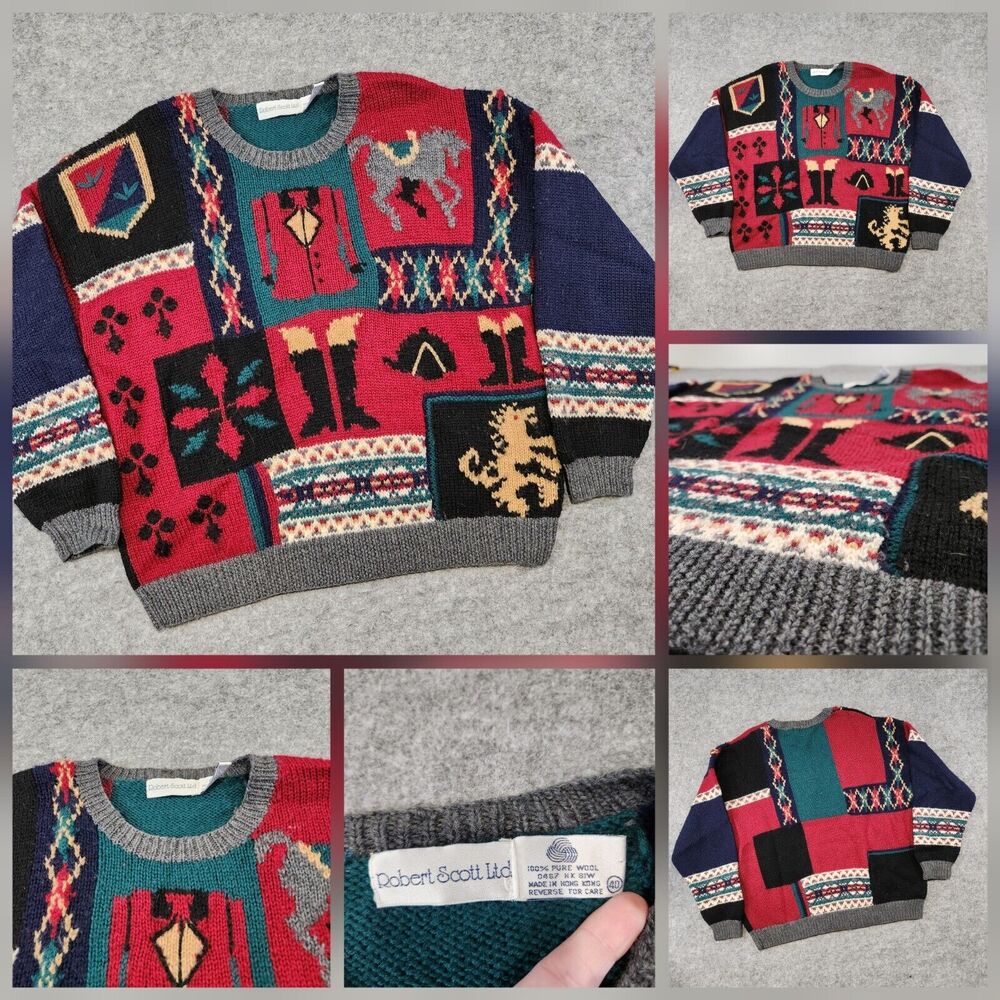 VTG Robert‎ Scott Ltd Womens 40 100% Pure Wool Knit Crewneck Equestrian Sweater